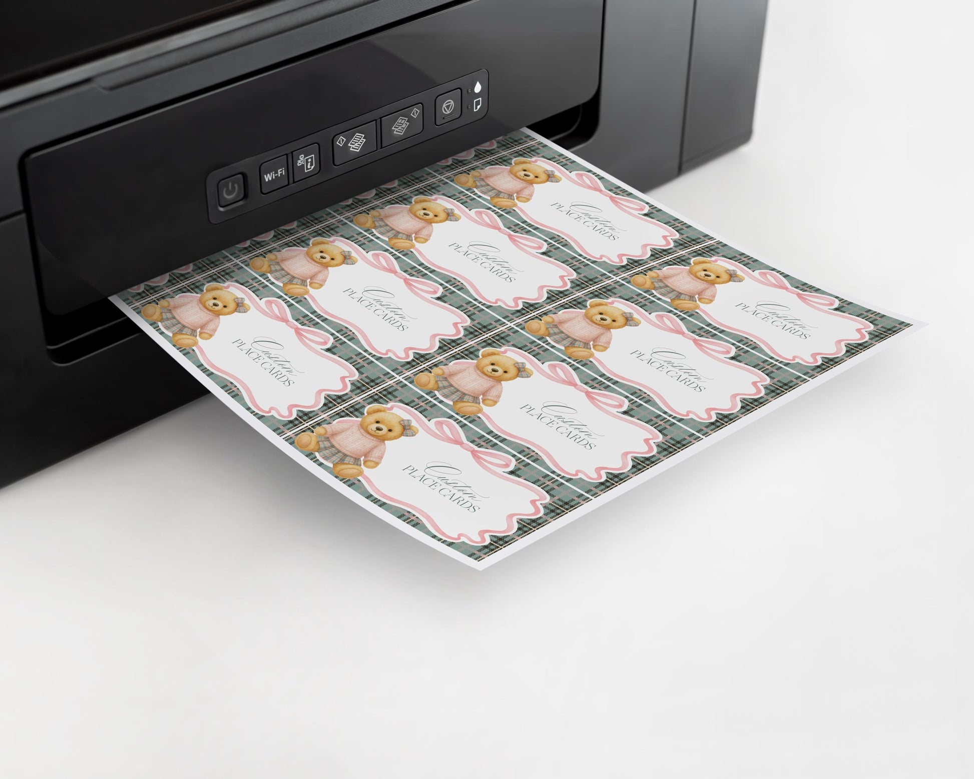 Pink Coquette Bear Place Cards Template, We Can Bearly Wait Old Money Baby Shower, Beary 1st Birthday Tartan Plaid Coquette Bow Party WP1081