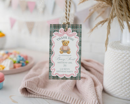 Pink Coquette Bear Girl Birthday Party Favor Tags Template, Beary First Birthday Favors, Old Money Tartan Plaid Coquette Bow Party WP1081