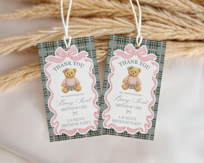 Pink Coquette Bear Girl Birthday Party Favor Tags Template, Beary First Birthday Favors, Old Money Tartan Plaid Coquette Bow Party WP1081