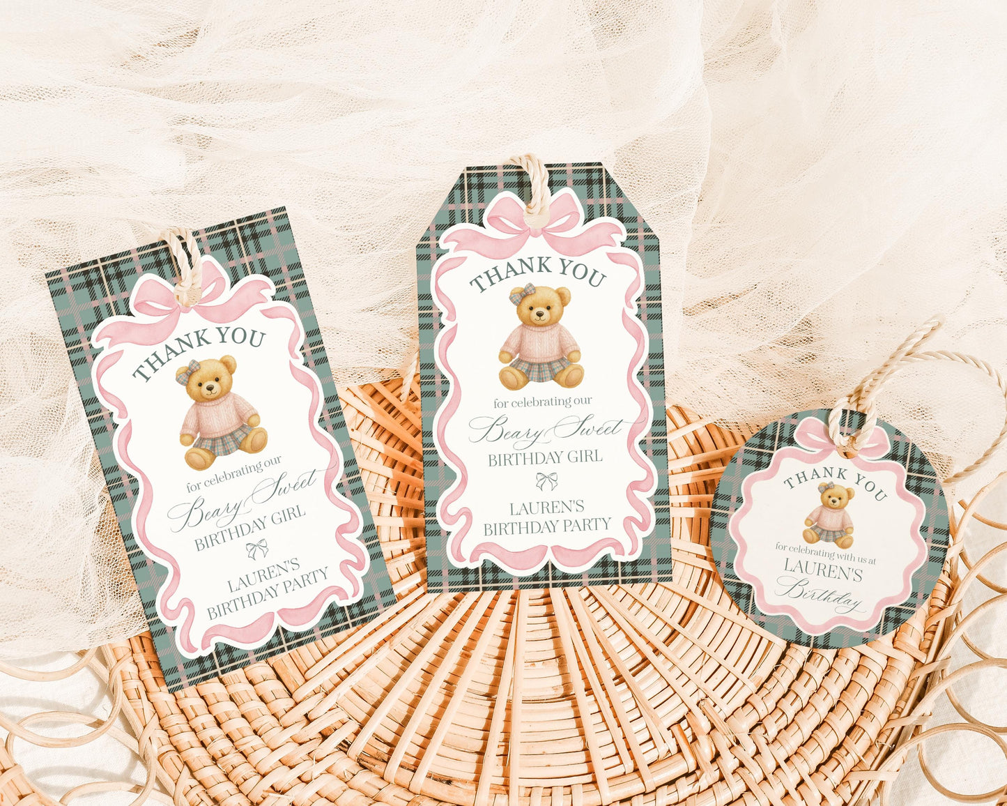 Pink Coquette Bear Girl Birthday Party Favor Tags Template, Beary First Birthday Favors, Old Money Tartan Plaid Coquette Bow Party WP1081
