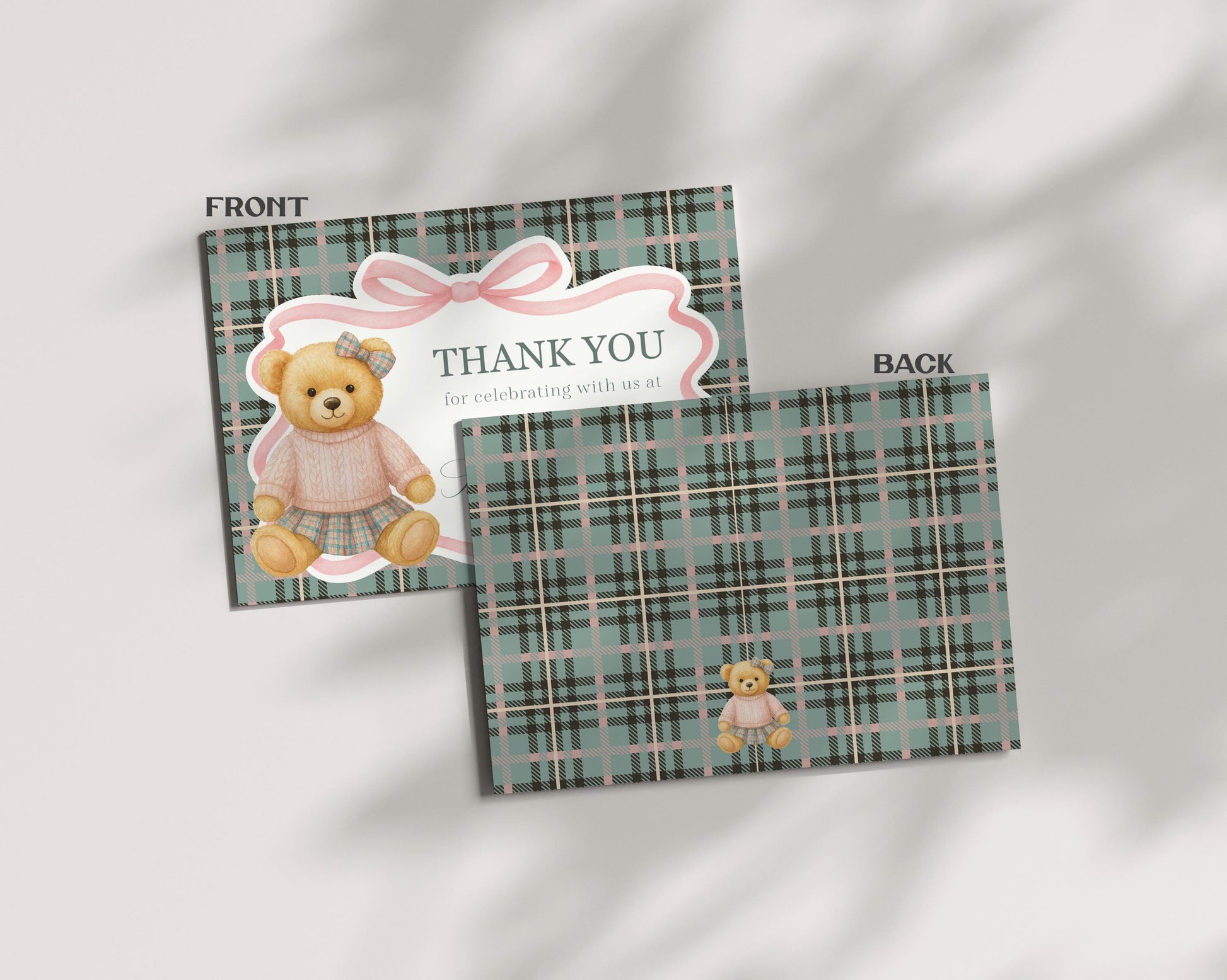 Pink Coquette Bear Thank You Card Template, We Can Bearly Wait Old Money Baby Shower, Beary First Birthday Tartan Plaid Bow Party WP1081