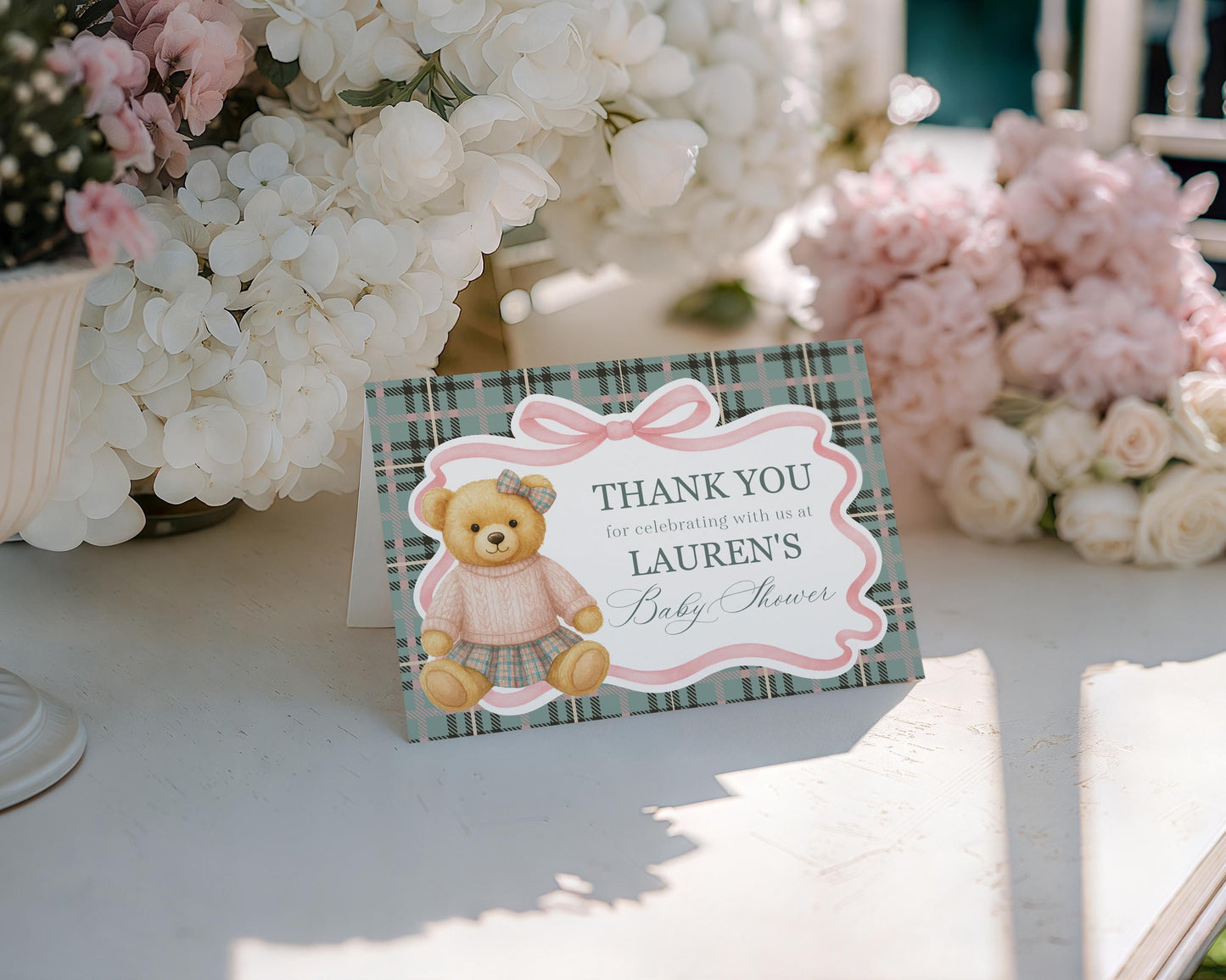 Pink Coquette Bear Thank You Card Template, We Can Bearly Wait Old Money Baby Shower, Beary First Birthday Tartan Plaid Bow Party WP1081