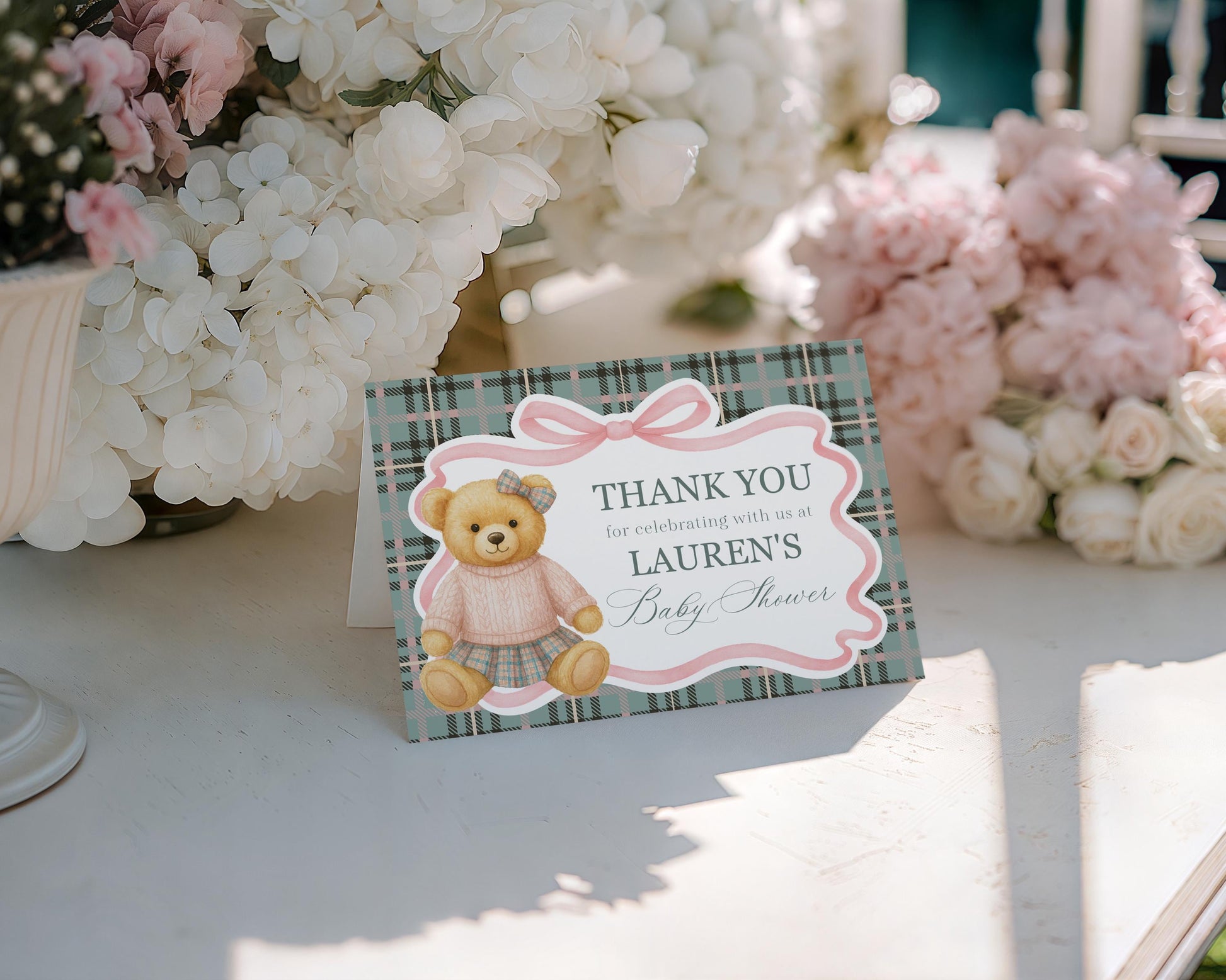 Pink Coquette Bear Thank You Card Template, We Can Bearly Wait Old Money Baby Shower, Beary First Birthday Tartan Plaid Bow Party WP1081