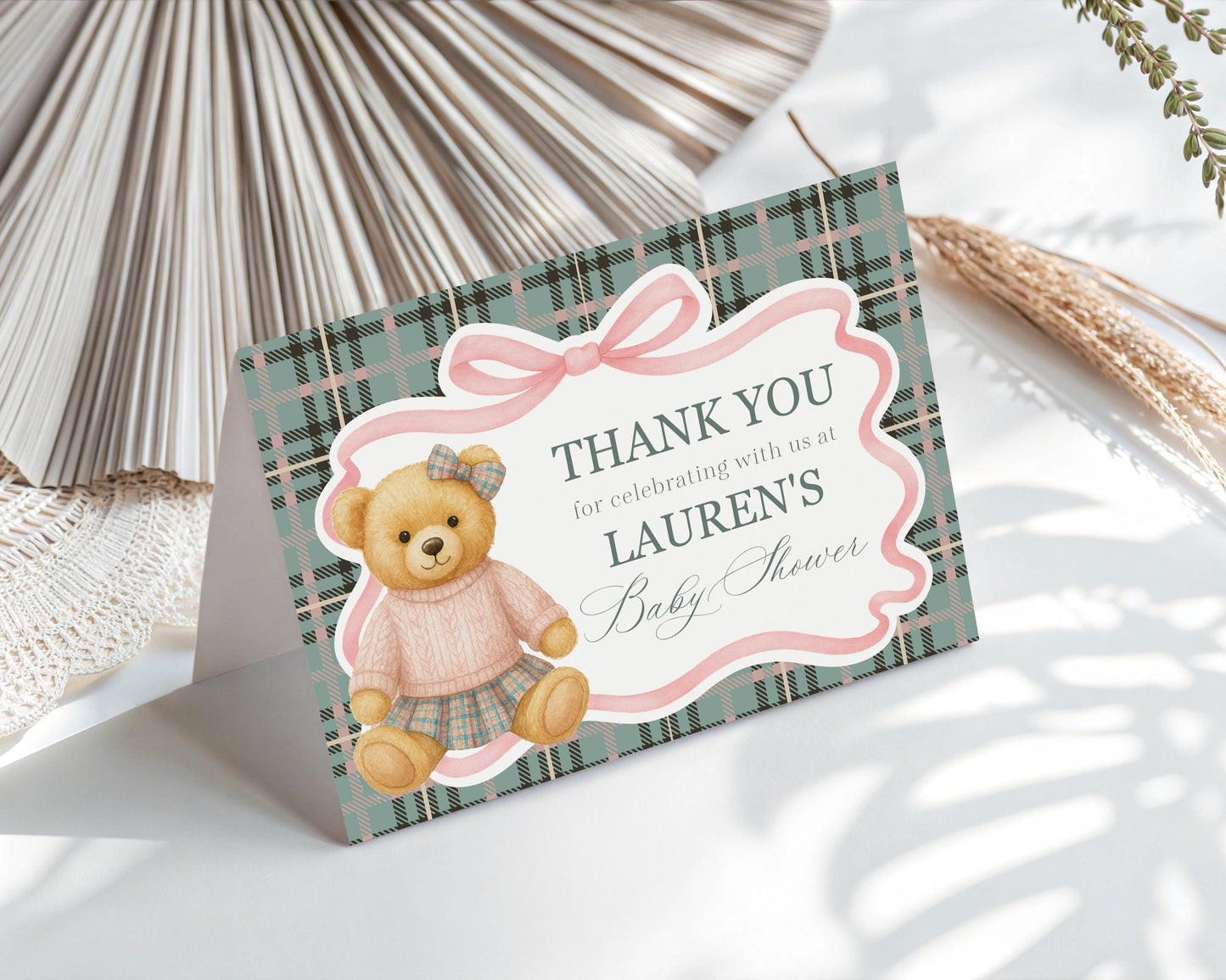 Pink Coquette Bear Thank You Card Template, We Can Bearly Wait Old Money Baby Shower, Beary First Birthday Tartan Plaid Bow Party WP1081