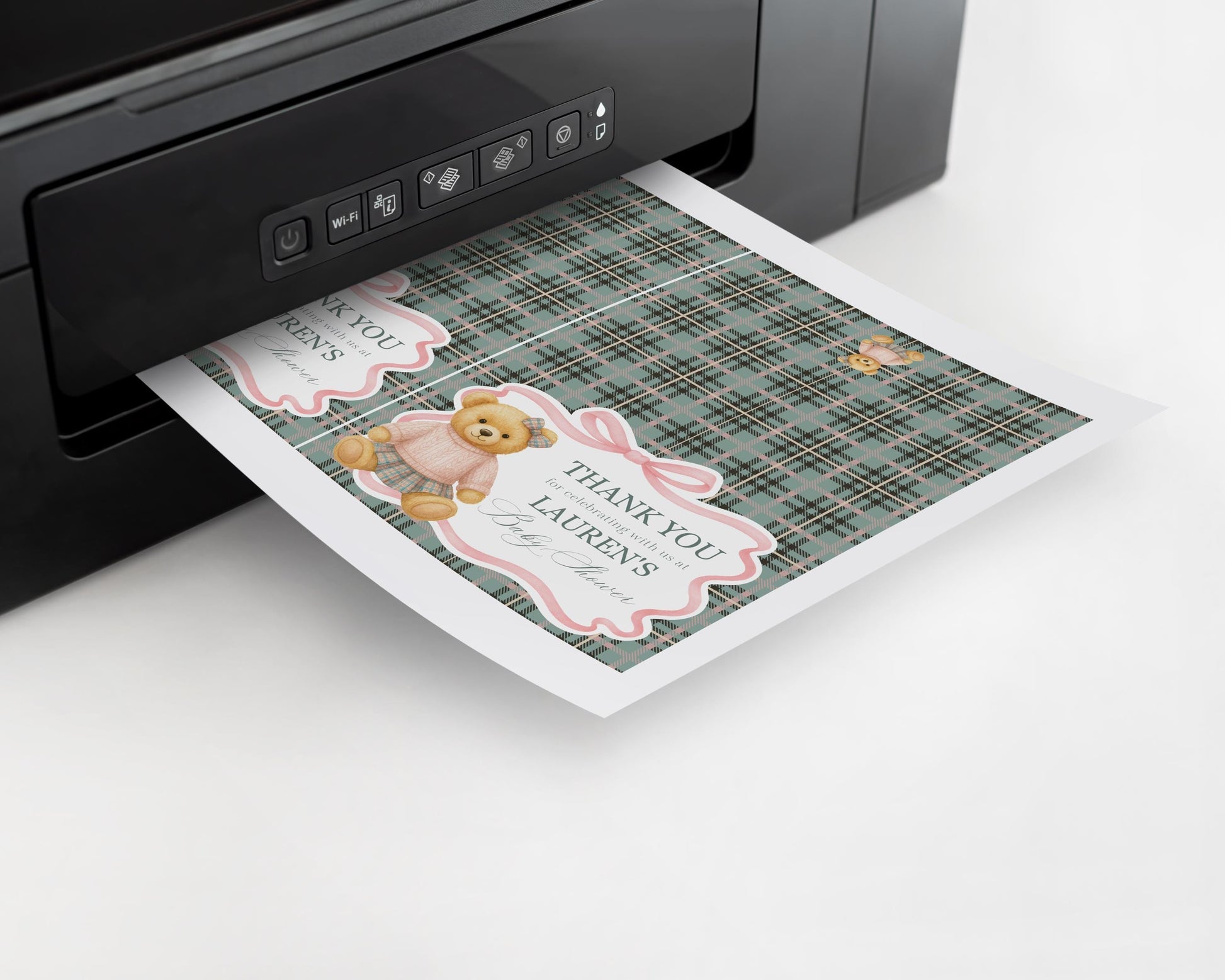 Pink Coquette Bear Thank You Card Template, We Can Bearly Wait Old Money Baby Shower, Beary First Birthday Tartan Plaid Bow Party WP1081