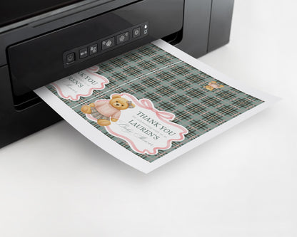 Pink Coquette Bear Thank You Card Template, We Can Bearly Wait Old Money Baby Shower, Beary First Birthday Tartan Plaid Bow Party WP1081