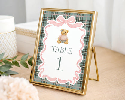 Pink Coquette Bear Table Number Cards Template, We Can Bearly Wait Old Money Baby Shower, Beary First Birthday Tartan Plaid Bow WP1081