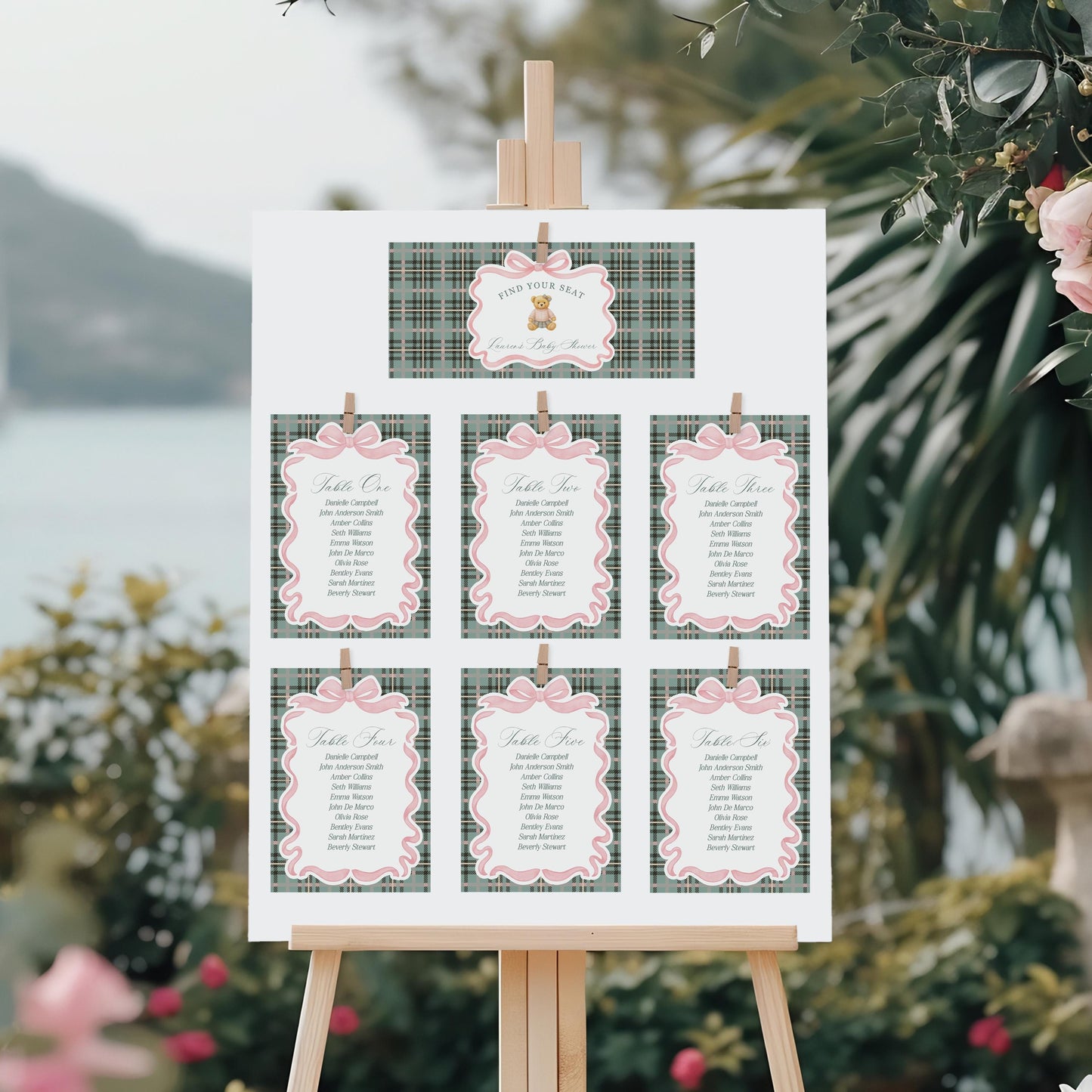 Pink Coquette Bear Seating Chart Poster Template, We Can Bearly Wait Old Money Baby Shower, Beary 1st Birthday Plaid Coquette Bow WP1081