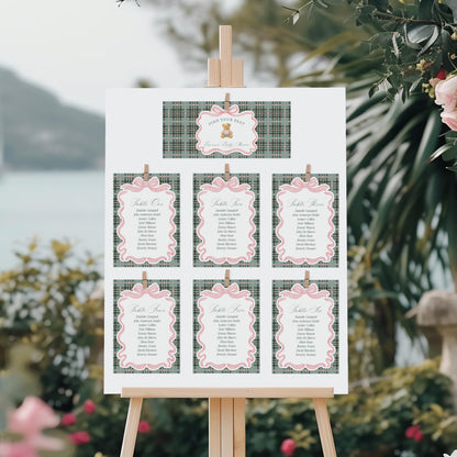 Pink Coquette Bear Seating Chart Poster Template, We Can Bearly Wait Old Money Baby Shower, Beary 1st Birthday Plaid Coquette Bow WP1081