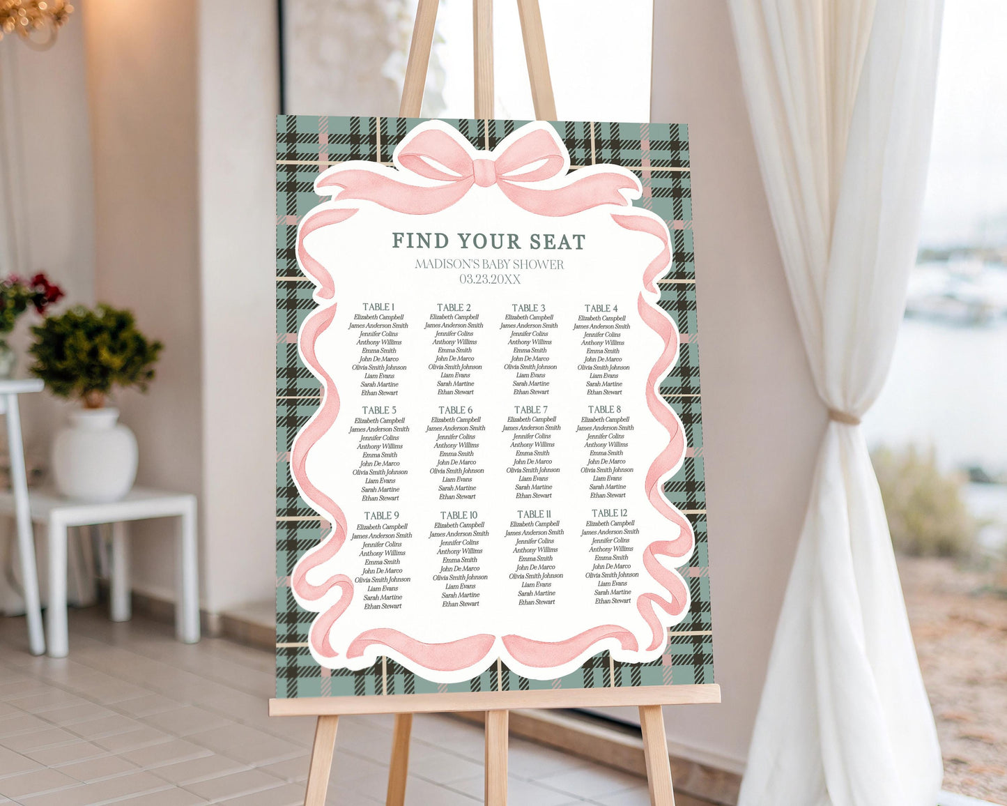 Pink Coquette Bear Seating Chart Poster Template, We Can Bearly Wait Old Money Baby Shower, Beary 1st Birthday Plaid Coquette Bow WP1081