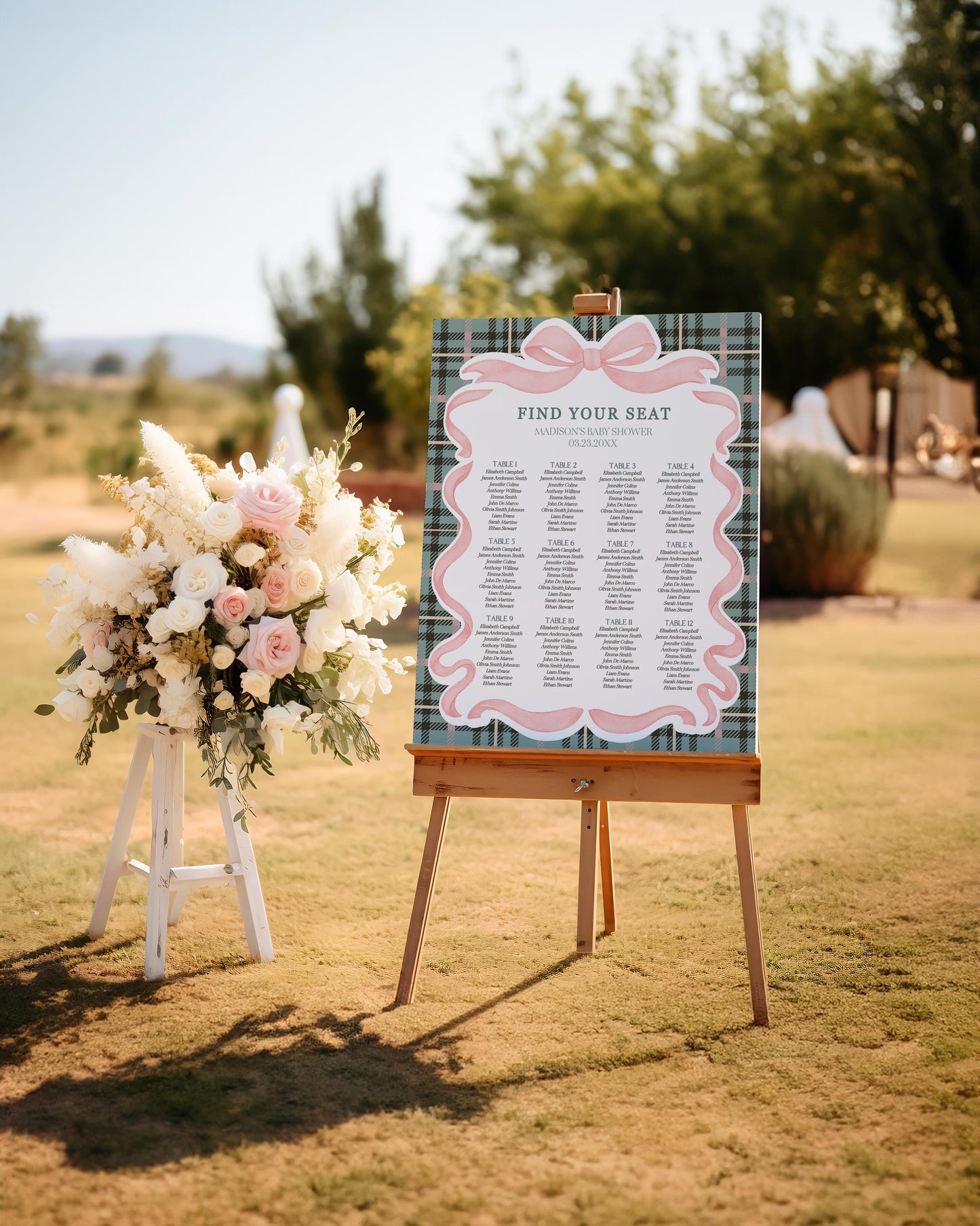 Pink Coquette Bear Seating Chart Poster Template, We Can Bearly Wait Old Money Baby Shower, Beary 1st Birthday Plaid Coquette Bow WP1081