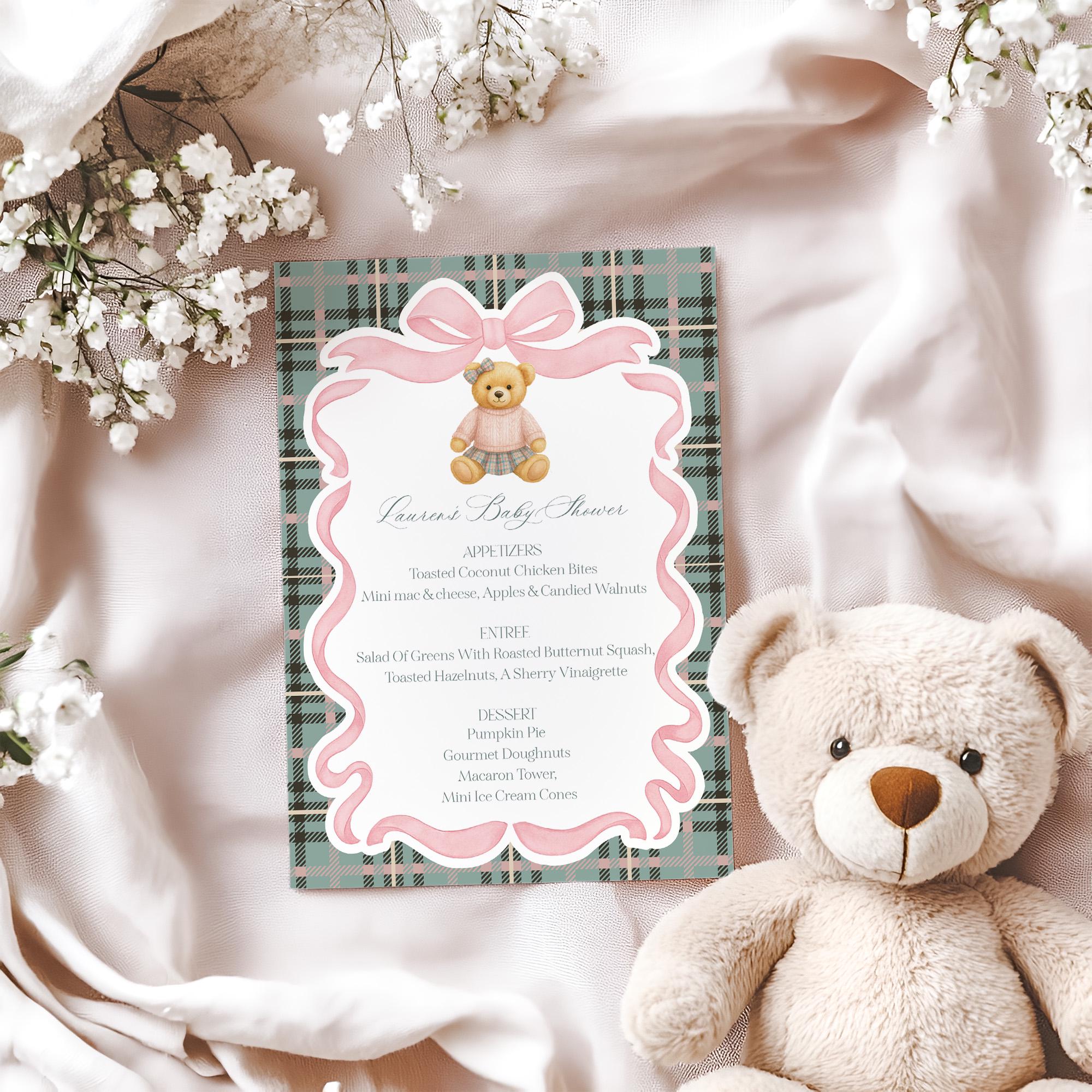 Pink Coquette Bear Menu Template, We Can Bearly Wait Old Money Baby Shower, Beary First Birthday Tartan Plaid Coquette Bow Party WP1081