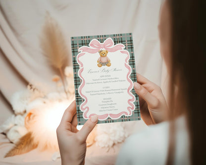 Pink Coquette Bear Menu Template, We Can Bearly Wait Old Money Baby Shower, Beary First Birthday Tartan Plaid Coquette Bow Party WP1081
