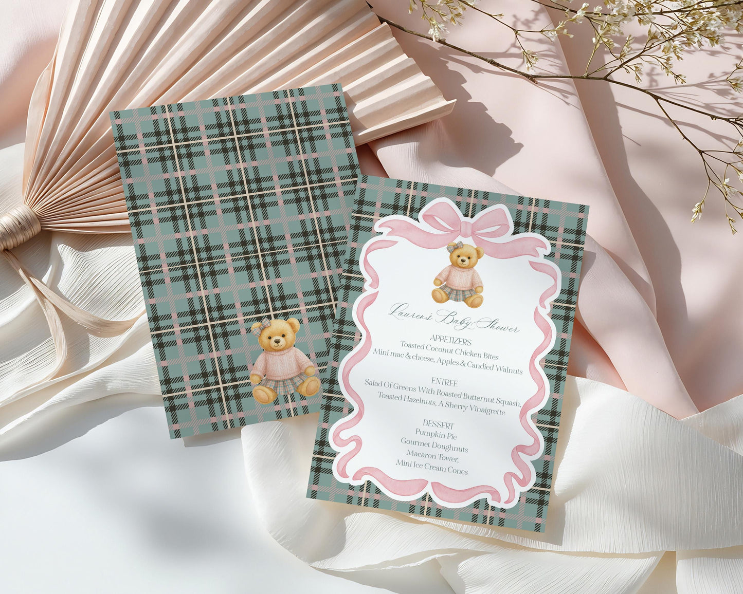 Pink Coquette Bear Menu Template, We Can Bearly Wait Old Money Baby Shower, Beary First Birthday Tartan Plaid Coquette Bow Party WP1081