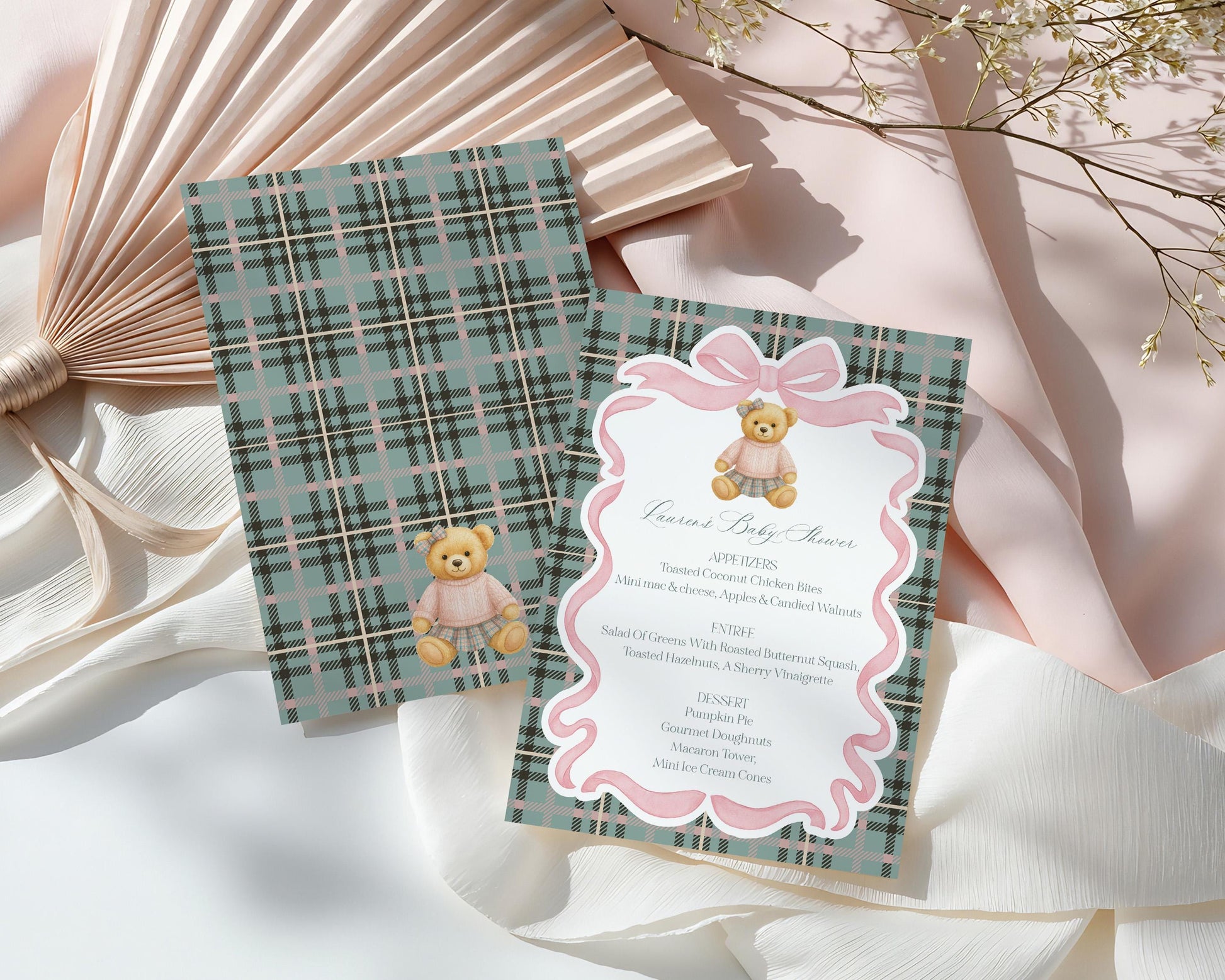 Pink Coquette Bear Menu Template, We Can Bearly Wait Old Money Baby Shower, Beary First Birthday Tartan Plaid Coquette Bow Party WP1081