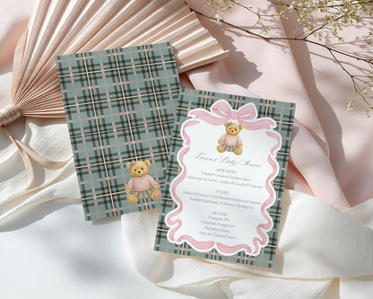 Pink Coquette Bear Menu Template, We Can Bearly Wait Old Money Baby Shower, Beary First Birthday Tartan Plaid Coquette Bow Party WP1081