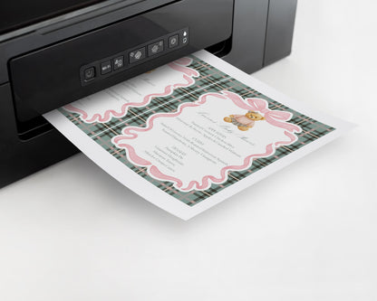Pink Coquette Bear Menu Template, We Can Bearly Wait Old Money Baby Shower, Beary First Birthday Tartan Plaid Coquette Bow Party WP1081