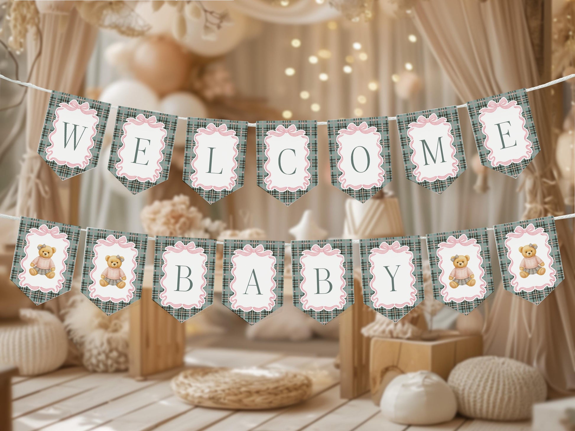 Pink Coquette Bear Baby Shower Banner Template, We Can Bearly Wait Old Money Baby Sprinkle, Tartan Plaid Coquette Bow Nesting Party WP1081