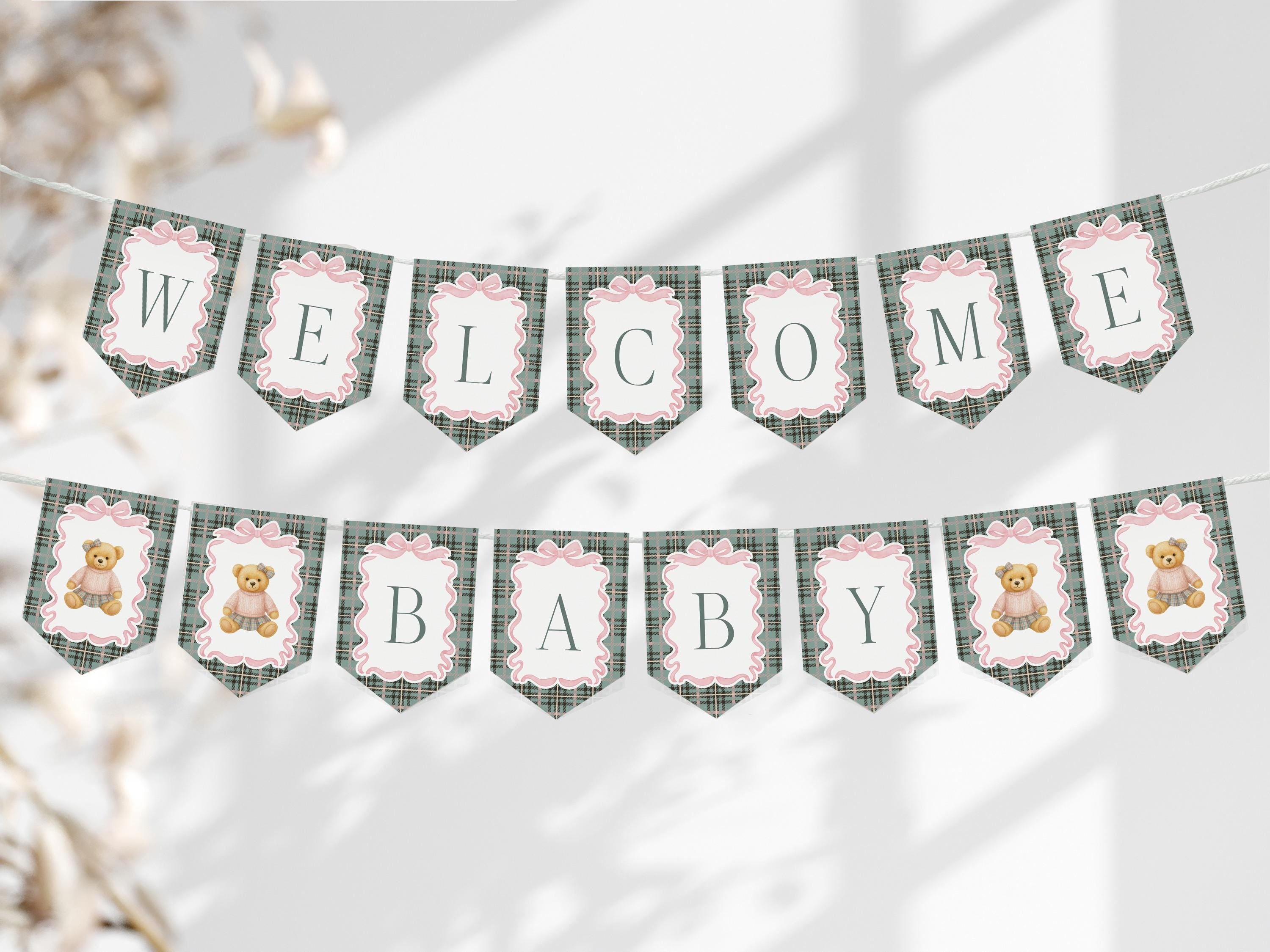 Pink Coquette Bear Baby Shower Banner Template, We Can Bearly Wait Old Money Baby Sprinkle, Tartan Plaid Coquette Bow Nesting Party WP1081