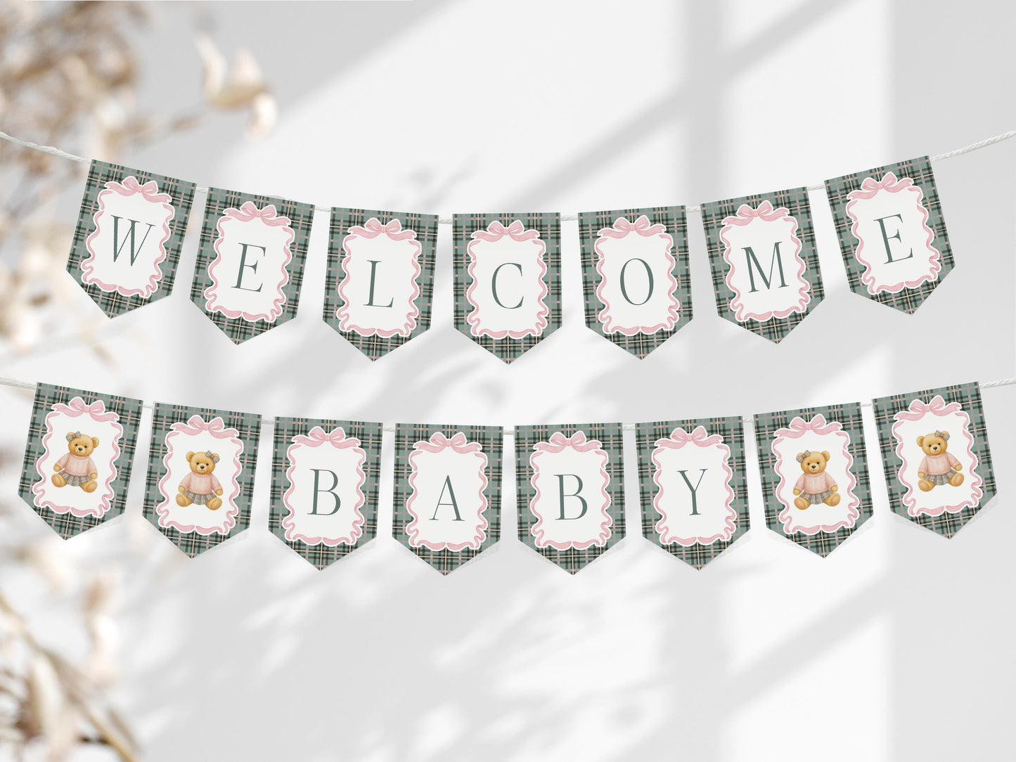 Pink Coquette Bear Baby Shower Banner Template, We Can Bearly Wait Old Money Baby Sprinkle, Tartan Plaid Coquette Bow Nesting Party WP1081