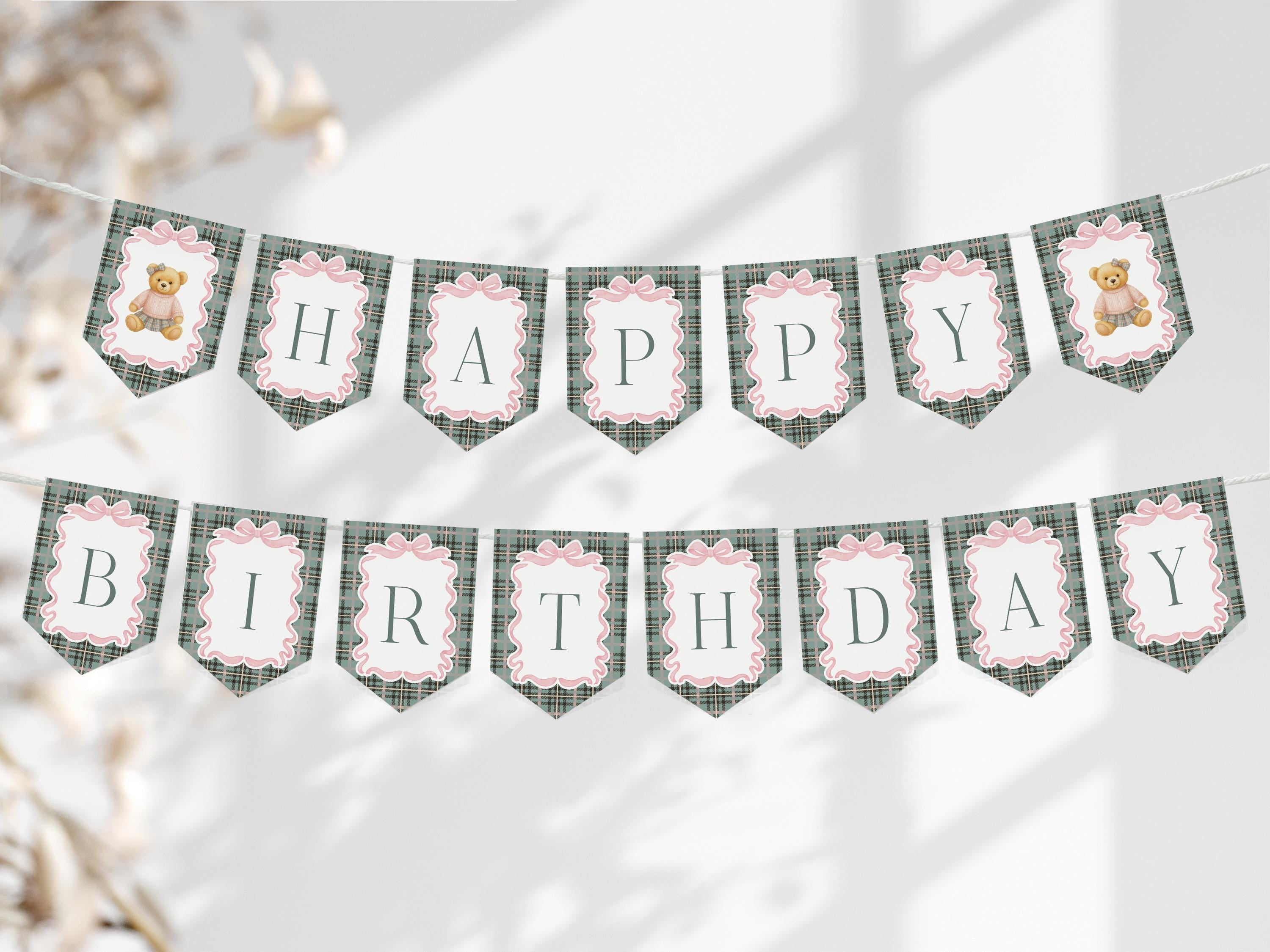 Pink Coquette Bear Birthday Banner Template, Beary First Birthday Decor, Old Money Birthday Party, Tartan Plaid Coquette Bow Party WP1081
