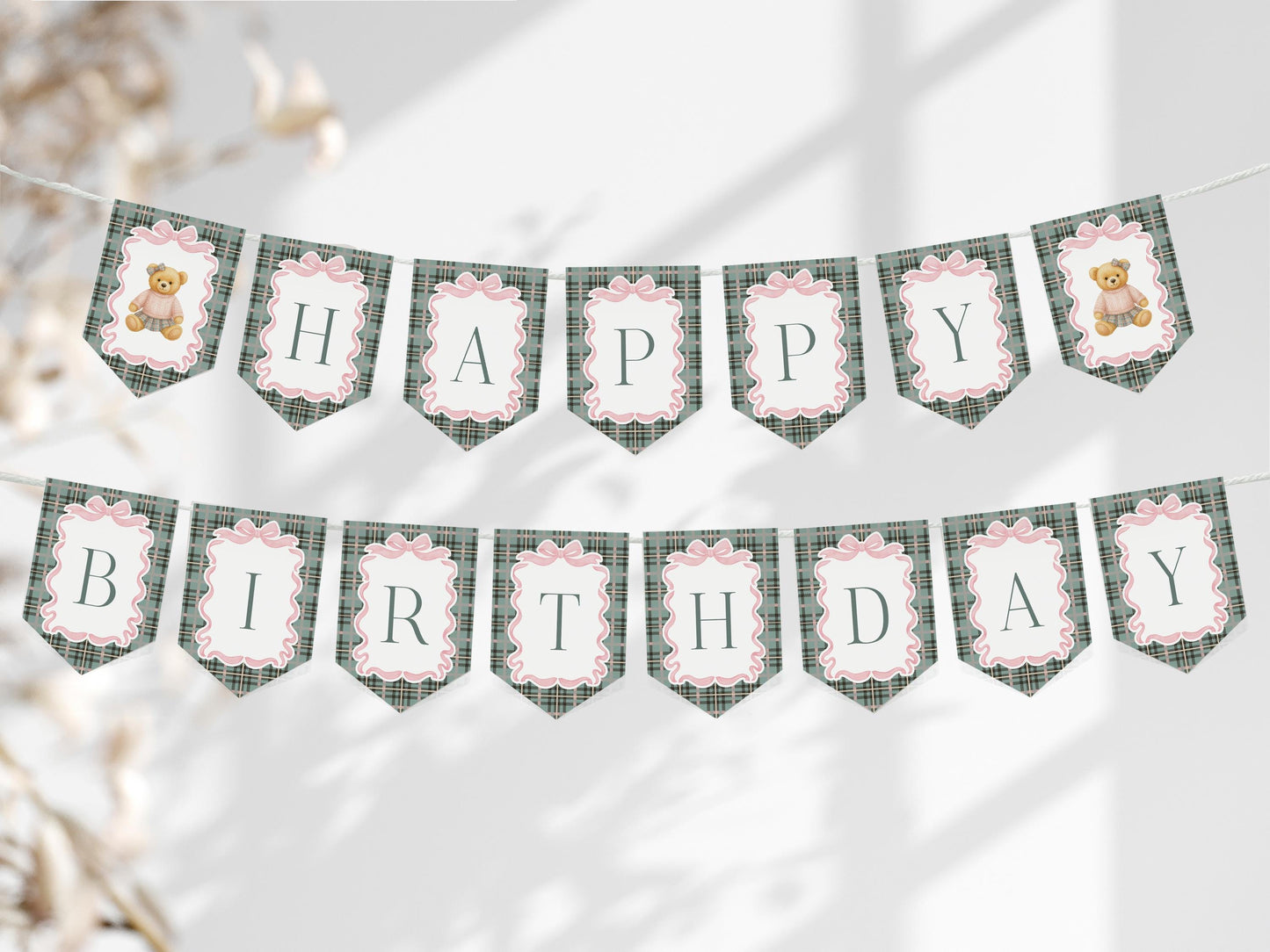 Pink Coquette Bear Birthday Banner Template, Beary First Birthday Decor, Old Money Birthday Party, Tartan Plaid Coquette Bow Party WP1081