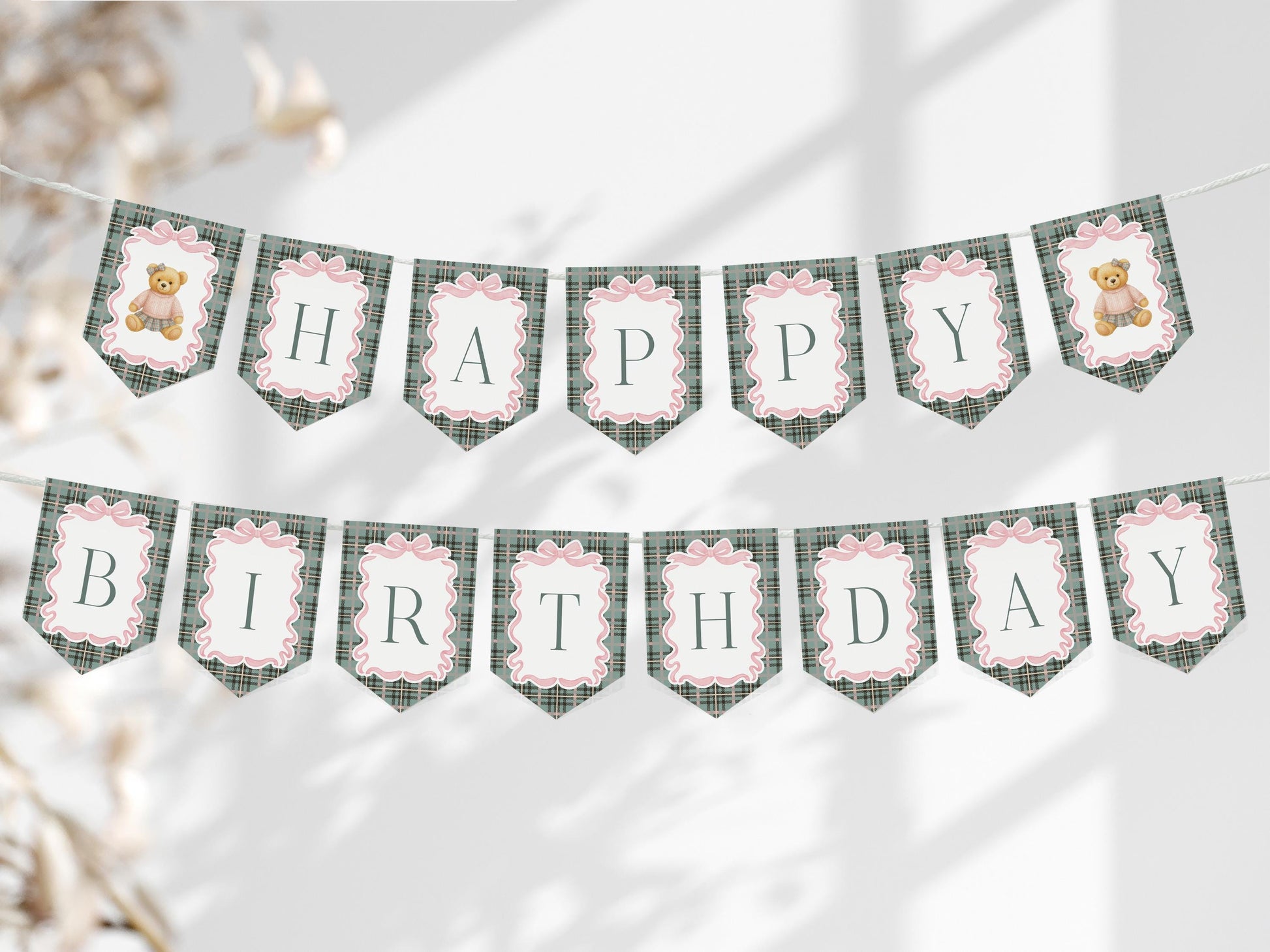 Pink Coquette Bear Birthday Banner Template, Beary First Birthday Decor, Old Money Birthday Party, Tartan Plaid Coquette Bow Party WP1081