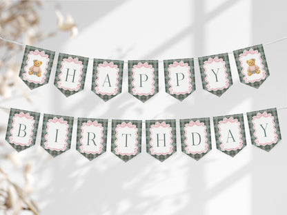 Pink Coquette Bear Birthday Banner Template, Beary First Birthday Decor, Old Money Birthday Party, Tartan Plaid Coquette Bow Party WP1081