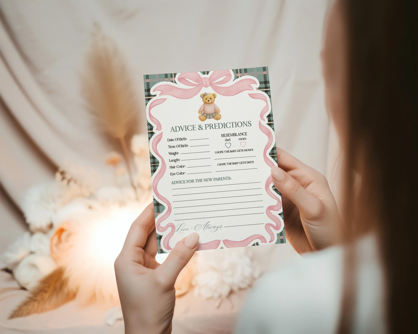 Pink Coquette Bear Advice for Baby Cards Template, We Can Bearly Wait Old Money Baby Sprinkle, Tartan Plaid Bow Nesting Party WP1081