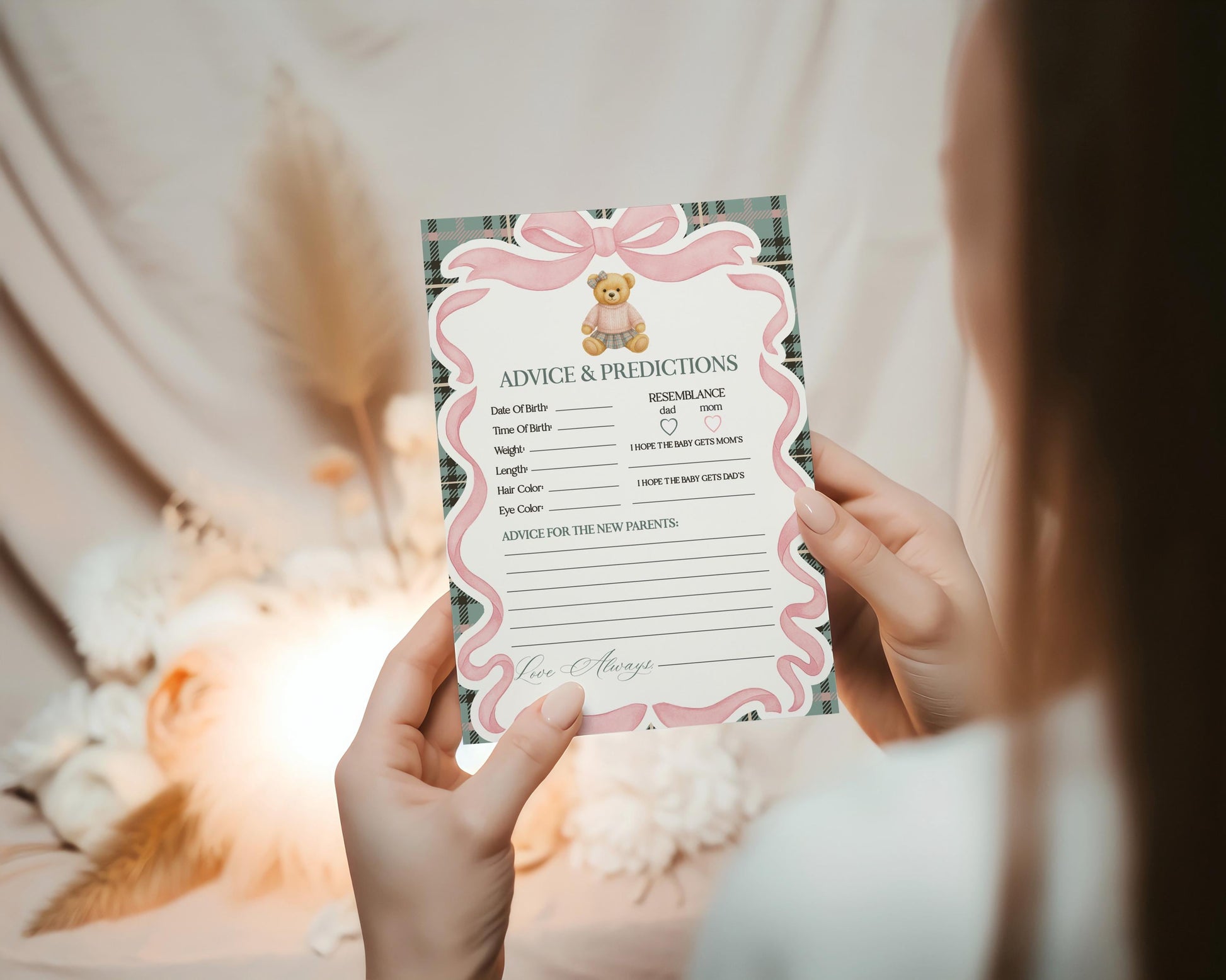 Pink Coquette Bear Advice for Baby Cards Template, We Can Bearly Wait Old Money Baby Sprinkle, Tartan Plaid Bow Nesting Party WP1081