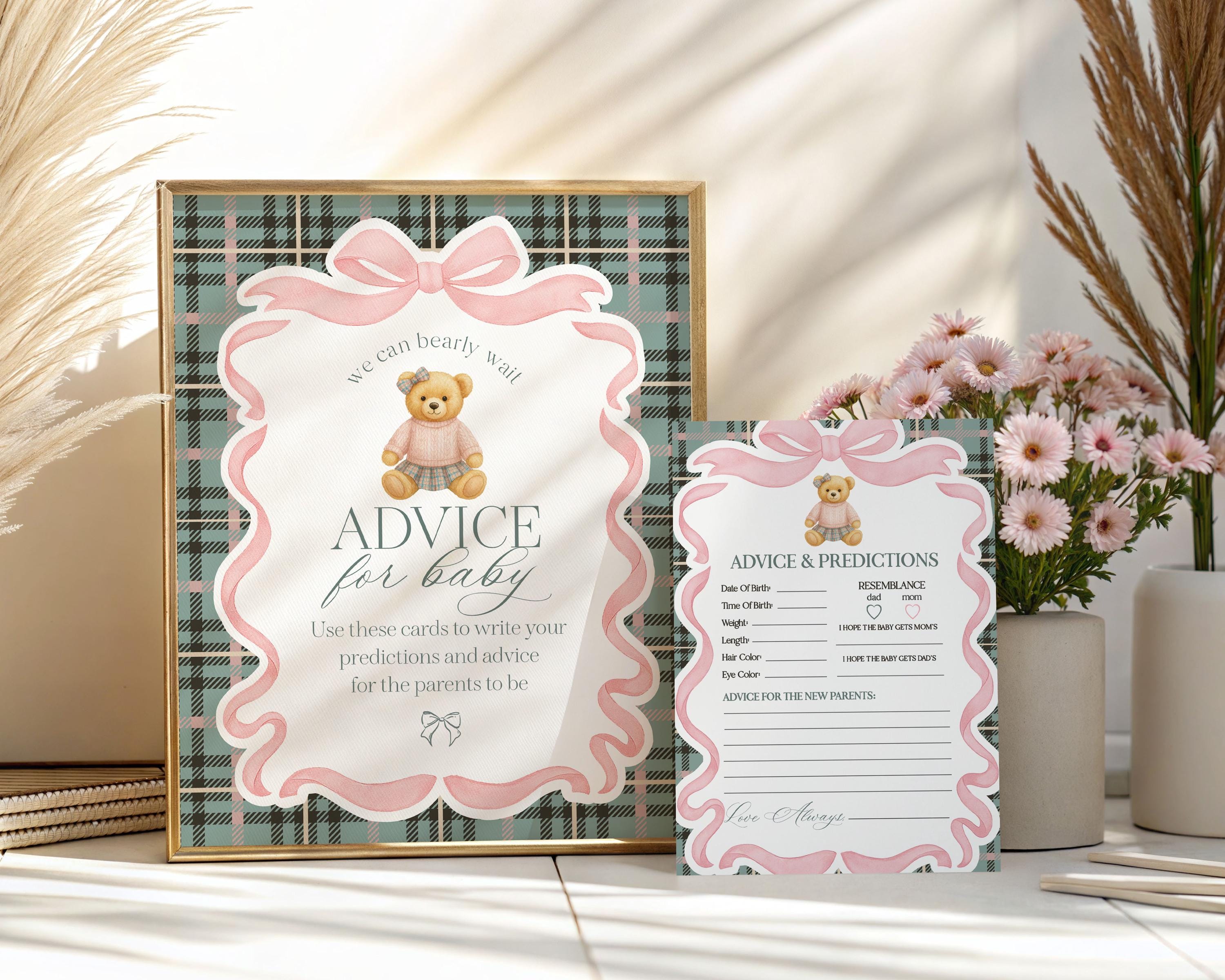 Pink Coquette Bear Advice for Baby Cards Template, We Can Bearly Wait Old Money Baby Sprinkle, Tartan Plaid Bow Nesting Party WP1081