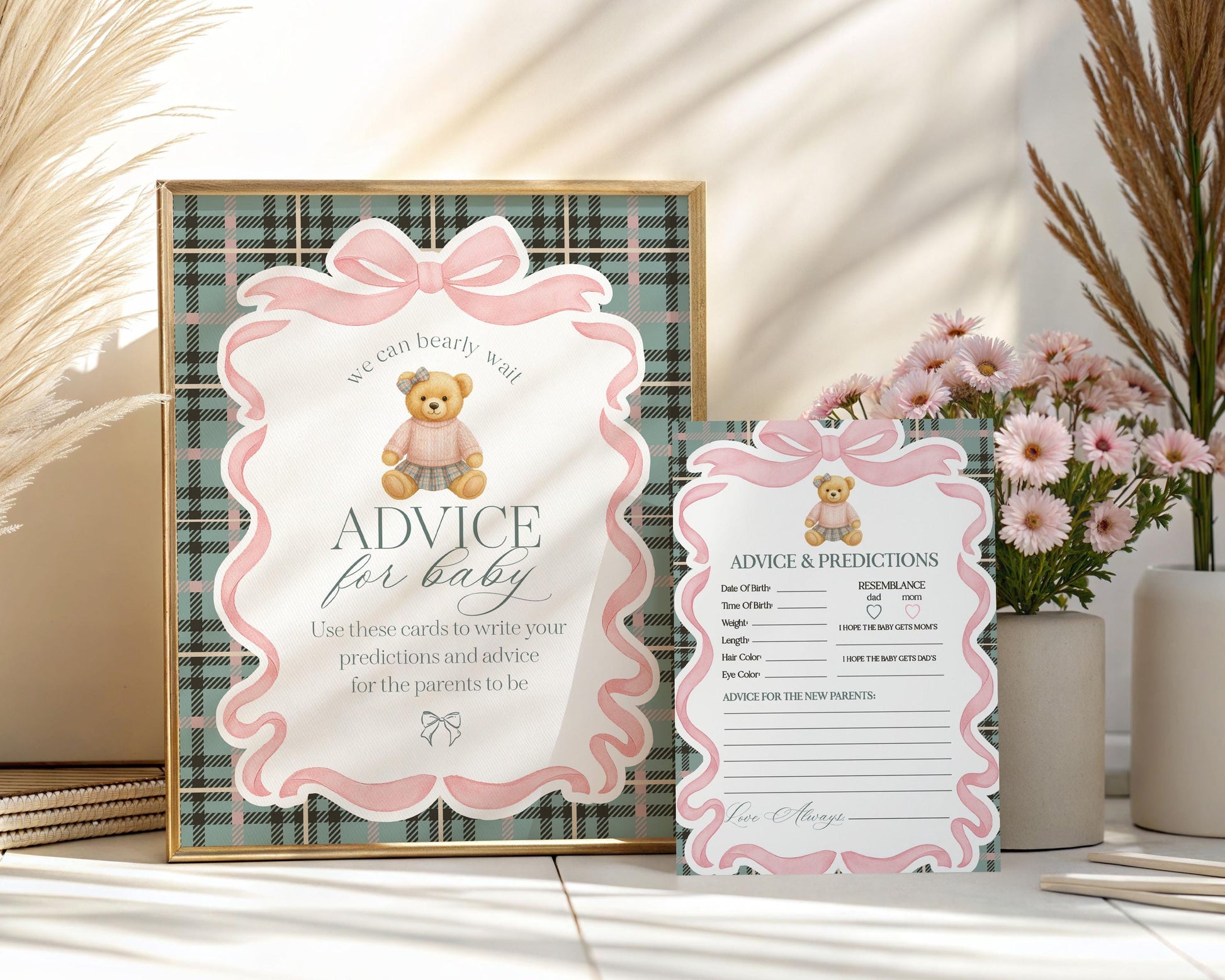 Pink Coquette Bear Advice for Baby Cards Template, We Can Bearly Wait Old Money Baby Sprinkle, Tartan Plaid Bow Nesting Party WP1081