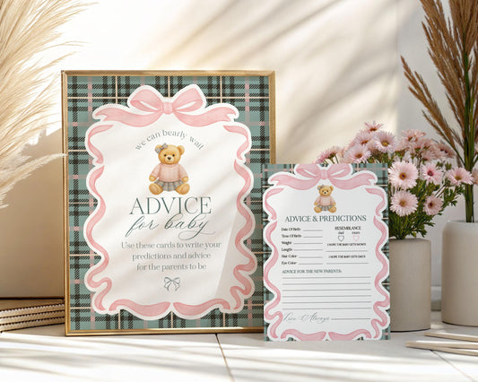 Pink Coquette Bear Advice for Baby Cards Template, We Can Bearly Wait Old Money Baby Sprinkle, Tartan Plaid Bow Nesting Party WP1081
