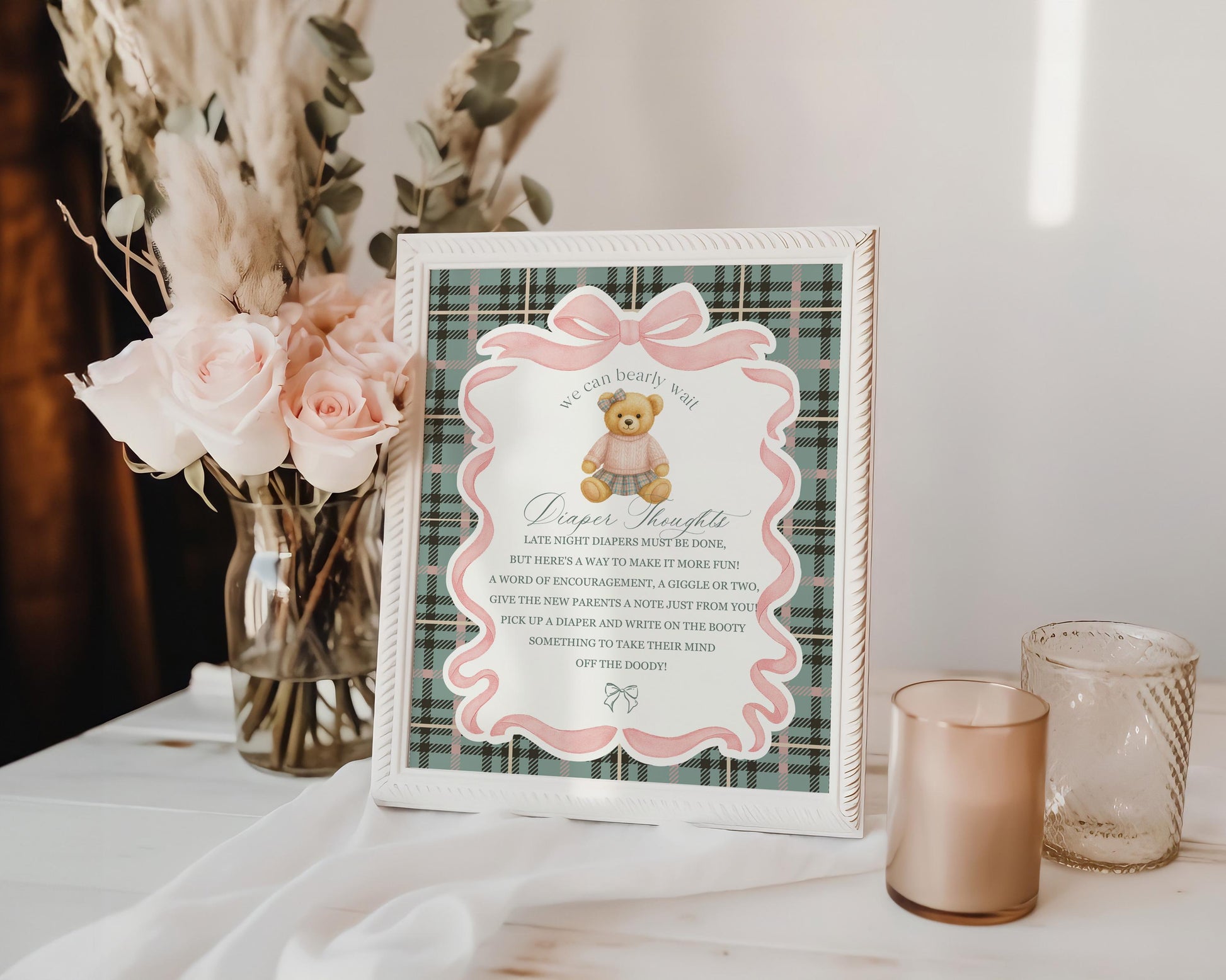 Pink Coquette Bear Baby Shower Diaper Thoughts Sign Template, We Can Bearly Wait Old Money Baby Sprinkle, Tartan Plaid Bow Nesting WP1081