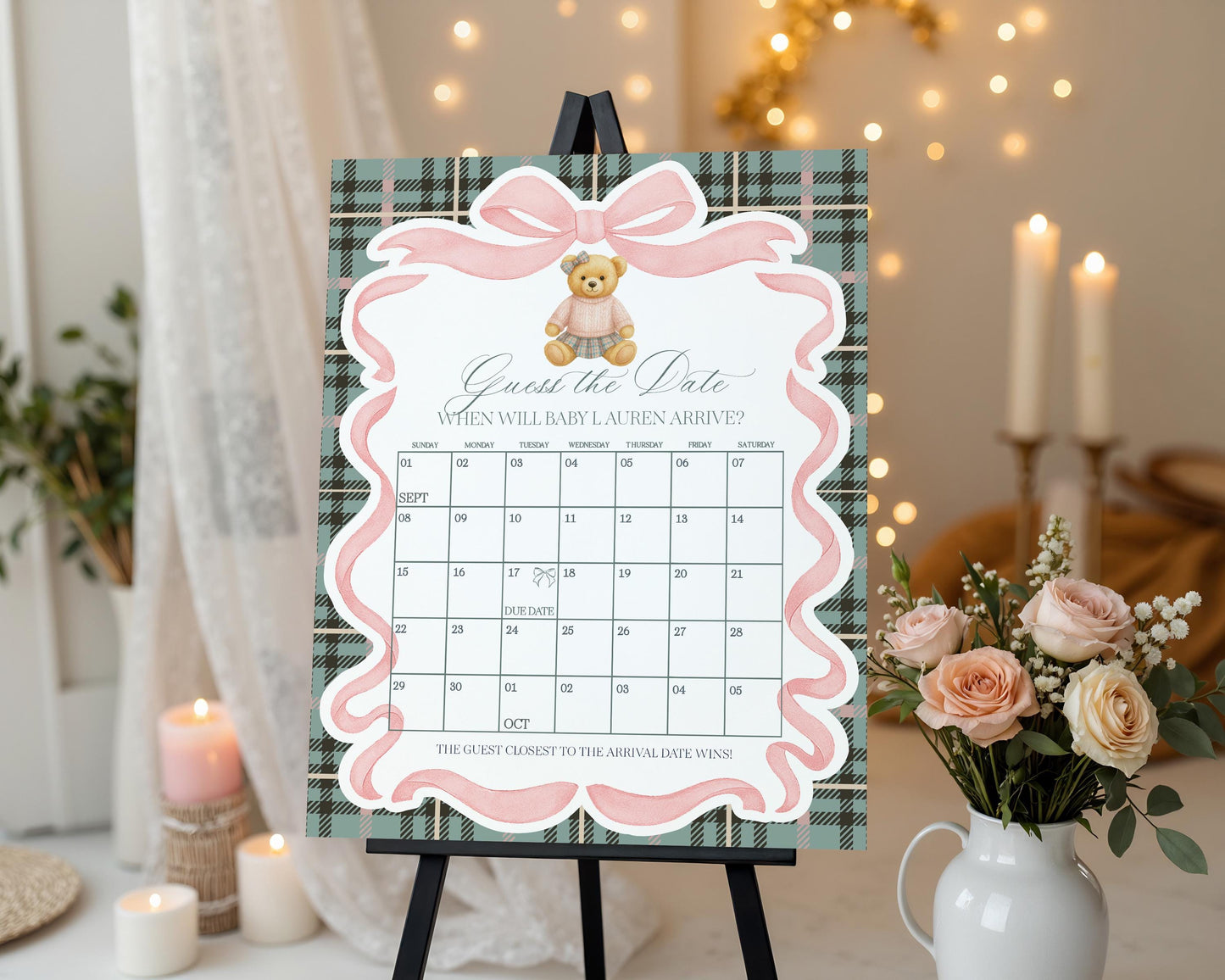 Pink Coquette Bear Girl Baby Shower Guess the Date Game Template, We Can Bearly Wait Old Money Baby Sprinkle, Tartan Plaid Bow WP1081