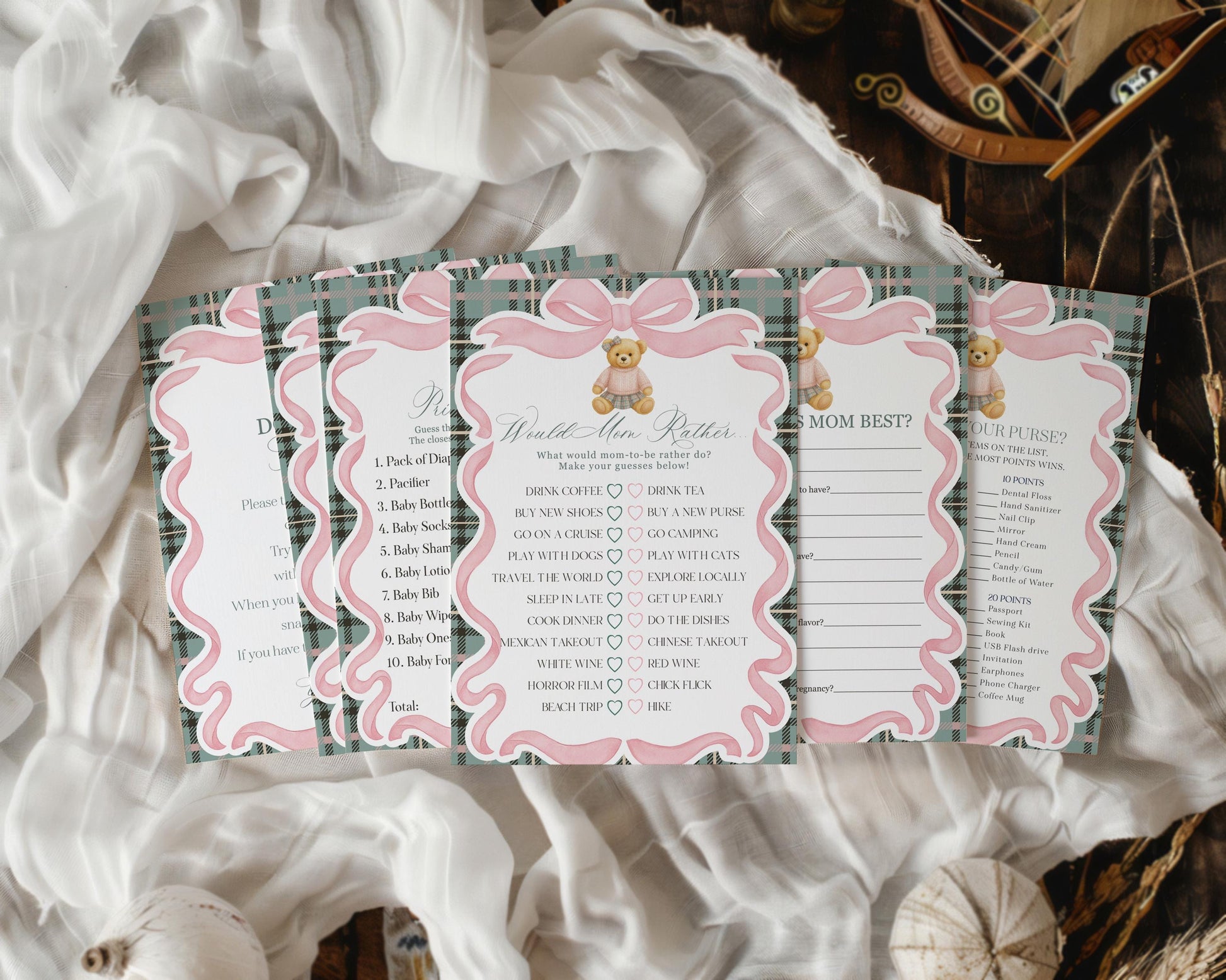 Pink Coquette Bear Baby Shower Games Template, We Can Bearly Wait Old Money Baby Sprinkle, Tartan Plaid Coquette Bow Nesting Party WP1081