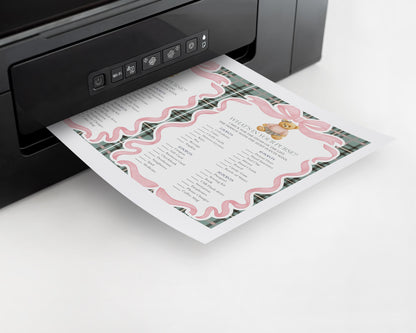 Pink Coquette Bear Baby Shower Games Template, We Can Bearly Wait Old Money Baby Sprinkle, Tartan Plaid Coquette Bow Nesting Party WP1081