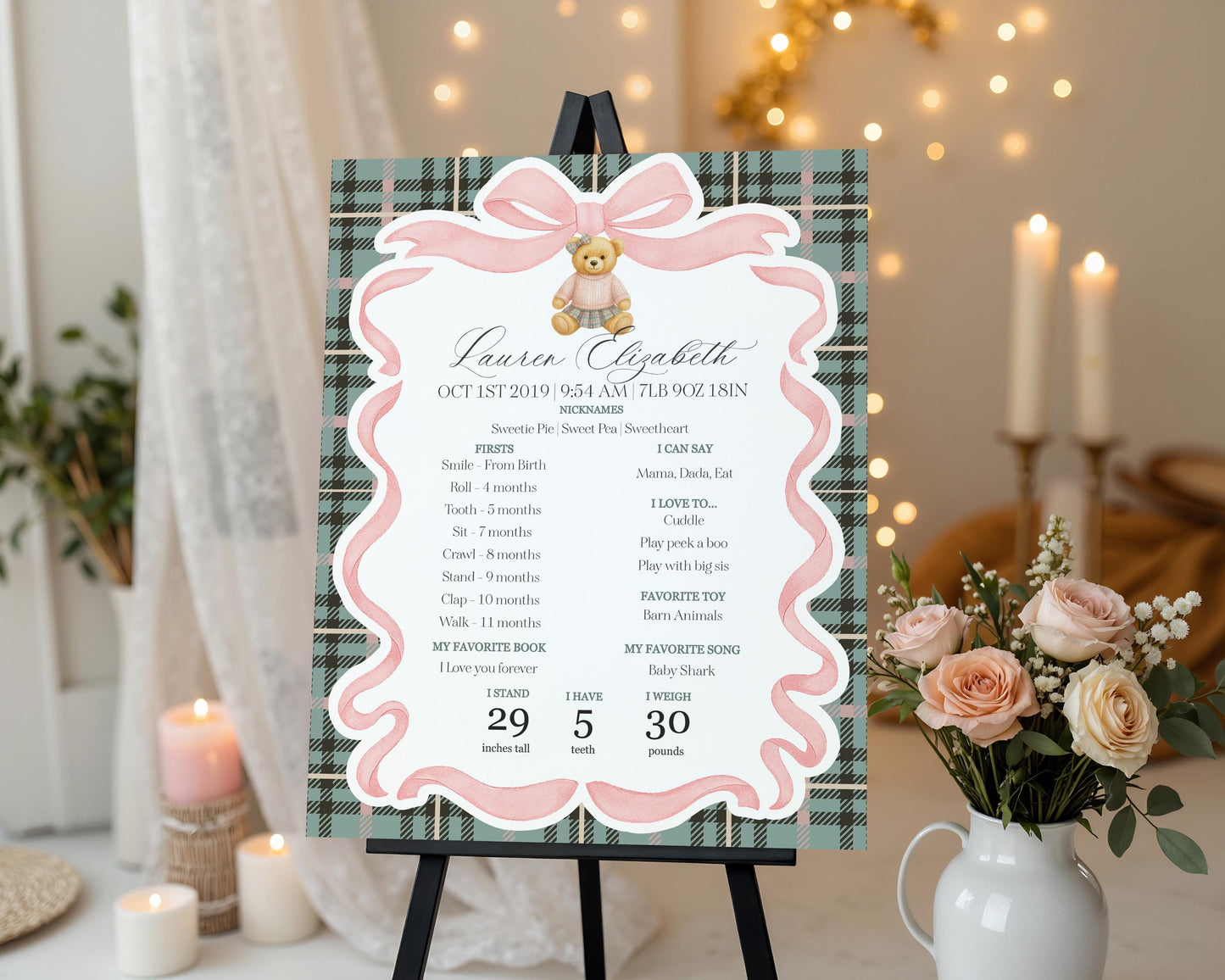 Pink Coquette Bear First Year Milestone Sign Printable Template, Beary 1st Birthday Decor, Old Money Birthday Tartan Plaid Bow Party WP1081