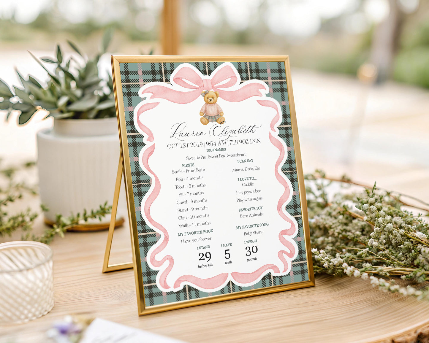 Pink Coquette Bear First Year Milestone Sign Printable Template, Beary 1st Birthday Decor, Old Money Birthday Tartan Plaid Bow Party WP1081