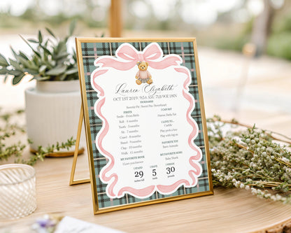 Pink Coquette Bear First Year Milestone Sign Printable Template, Beary 1st Birthday Decor, Old Money Birthday Tartan Plaid Bow Party WP1081