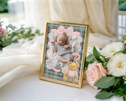 Pink Coquette Bear Girl 1st Birthday Milestone Banner Template, Beary 1st Birthday Decor, Old Money Birthday, Tartan Plaid Bow Party WP1081