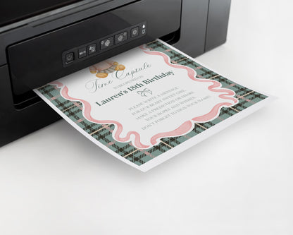 Pink Coquette Bear Time Capsule Template, Beary First Birthday Decor, Old Money Birthday Party, Tartan Plaid Coquette Bow Party Decor WP1081