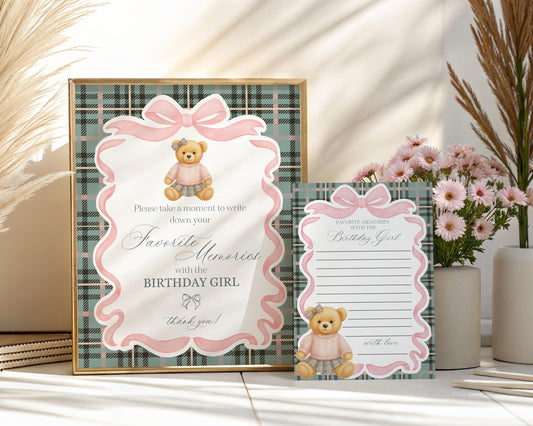 Pink Coquette Bear Favorite Memories Birthday Template, Old Money Teddy Bear Birthday Party, Tartan Plaid Bow Party Game WP1081
