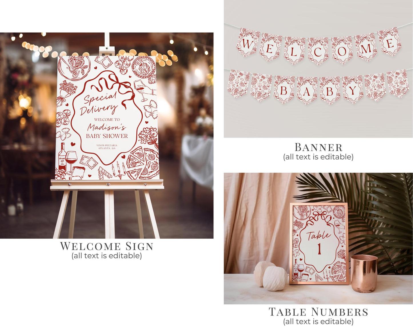 Red Pasta Baby Shower Printable Bundle, Special Delivery Ciao Baby Sprinkle, Italian Pasta and Pacifiers WP1085