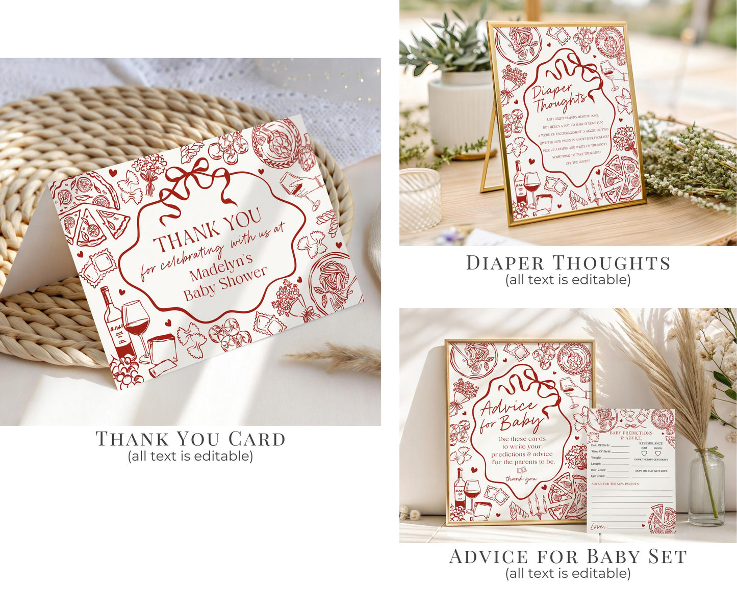 Red Pasta Baby Shower Printable Bundle, Special Delivery Ciao Baby Sprinkle, Italian Pasta and Pacifiers WP1085