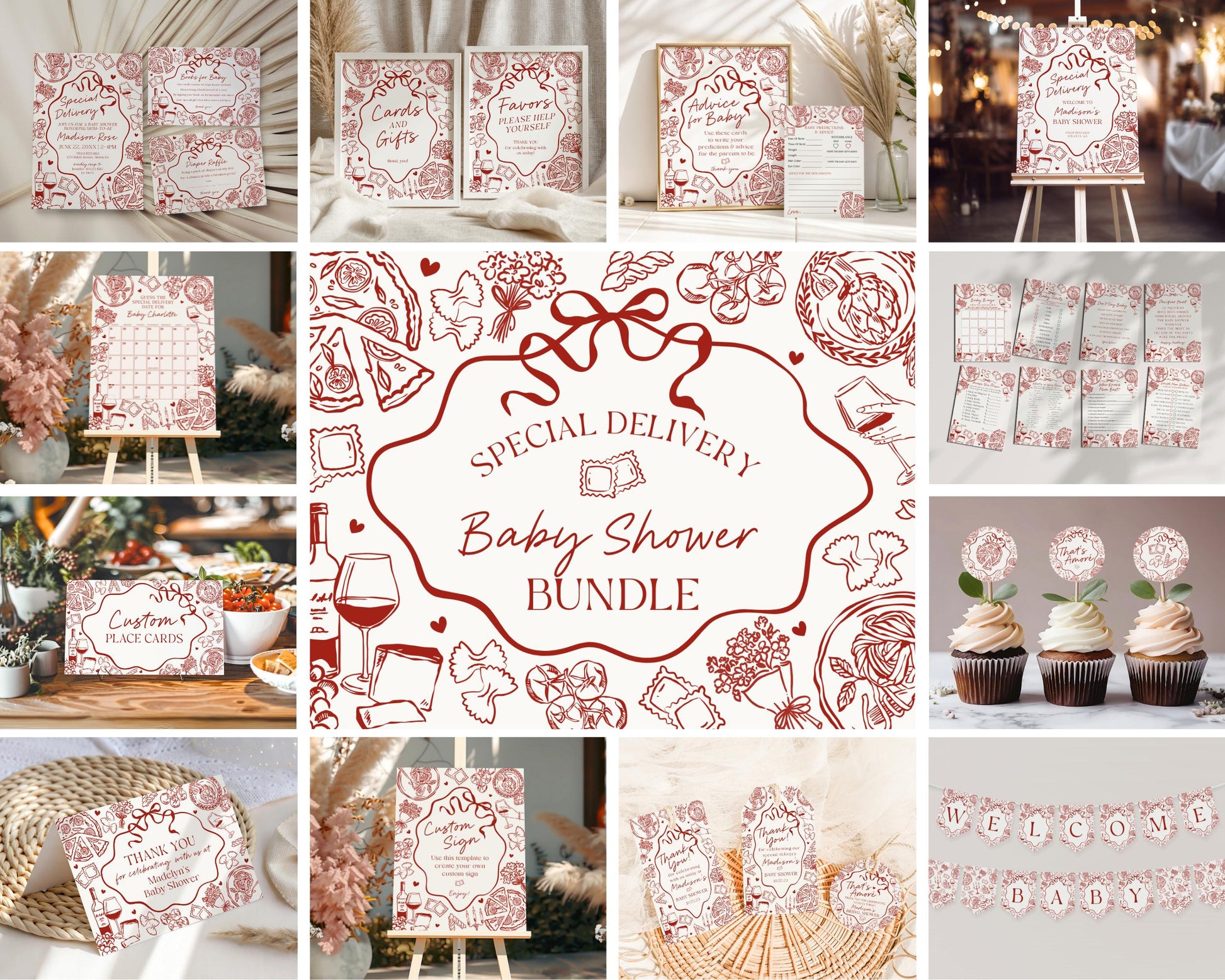 Red Pasta Baby Shower Printable Bundle, Special Delivery Ciao Baby Sprinkle, Italian Pasta and Pacifiers WP1085