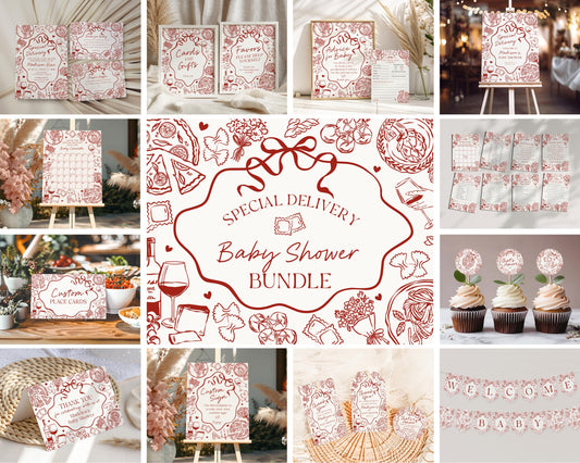 Red Pasta Baby Shower Printable Bundle, Special Delivery Ciao Baby Sprinkle, Italian Pasta and Pacifiers WP1085