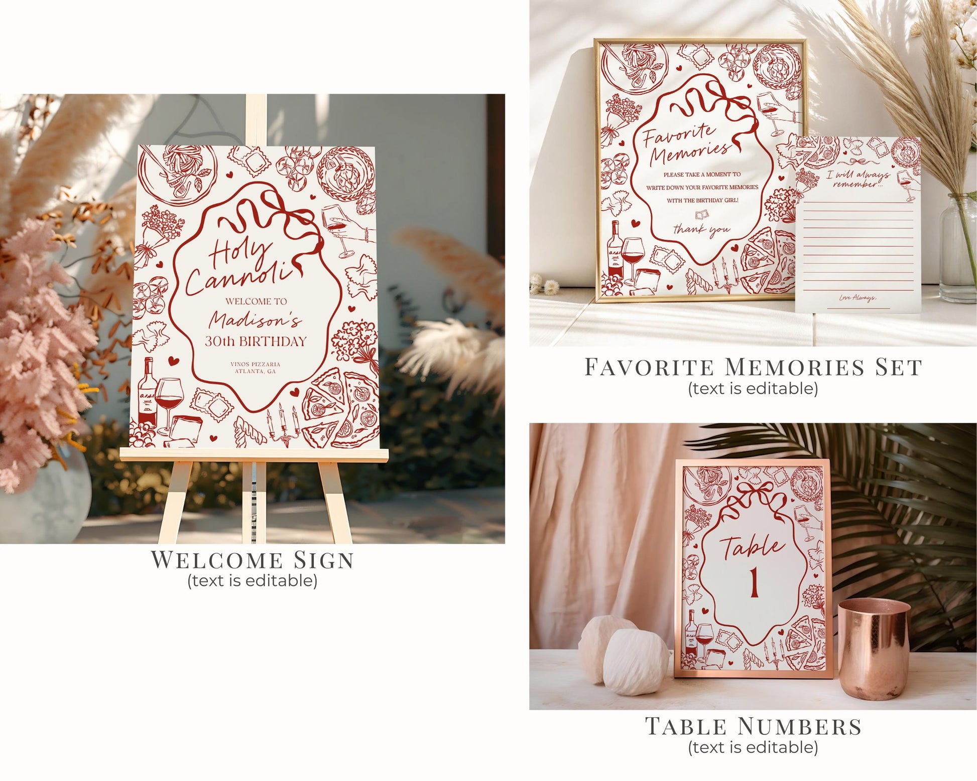 Red Pasta Birthday Bundle Printable Template, Holy Cannoli Birthday Party, Italian Theme Dinner Party Decor WP1085