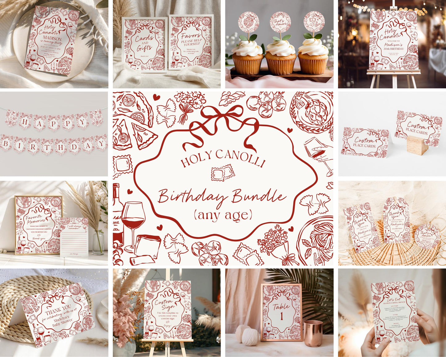Red Pasta Birthday Bundle Printable Template, Holy Cannoli Birthday Party, Italian Theme Dinner Party Decor WP1085