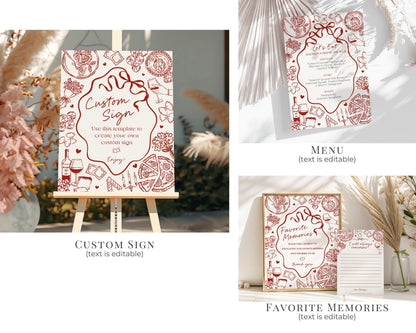 Red Pasta Bridal Shower Printable Template Bundle, That’s Amore Bridal Brunch with the Bride, Love and Pizza Italian Engagement Party WP1085